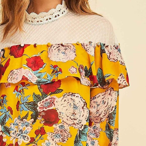 Entro Mustard Floral Print Scalloped Mock Neck Top - Picture 6 of 6